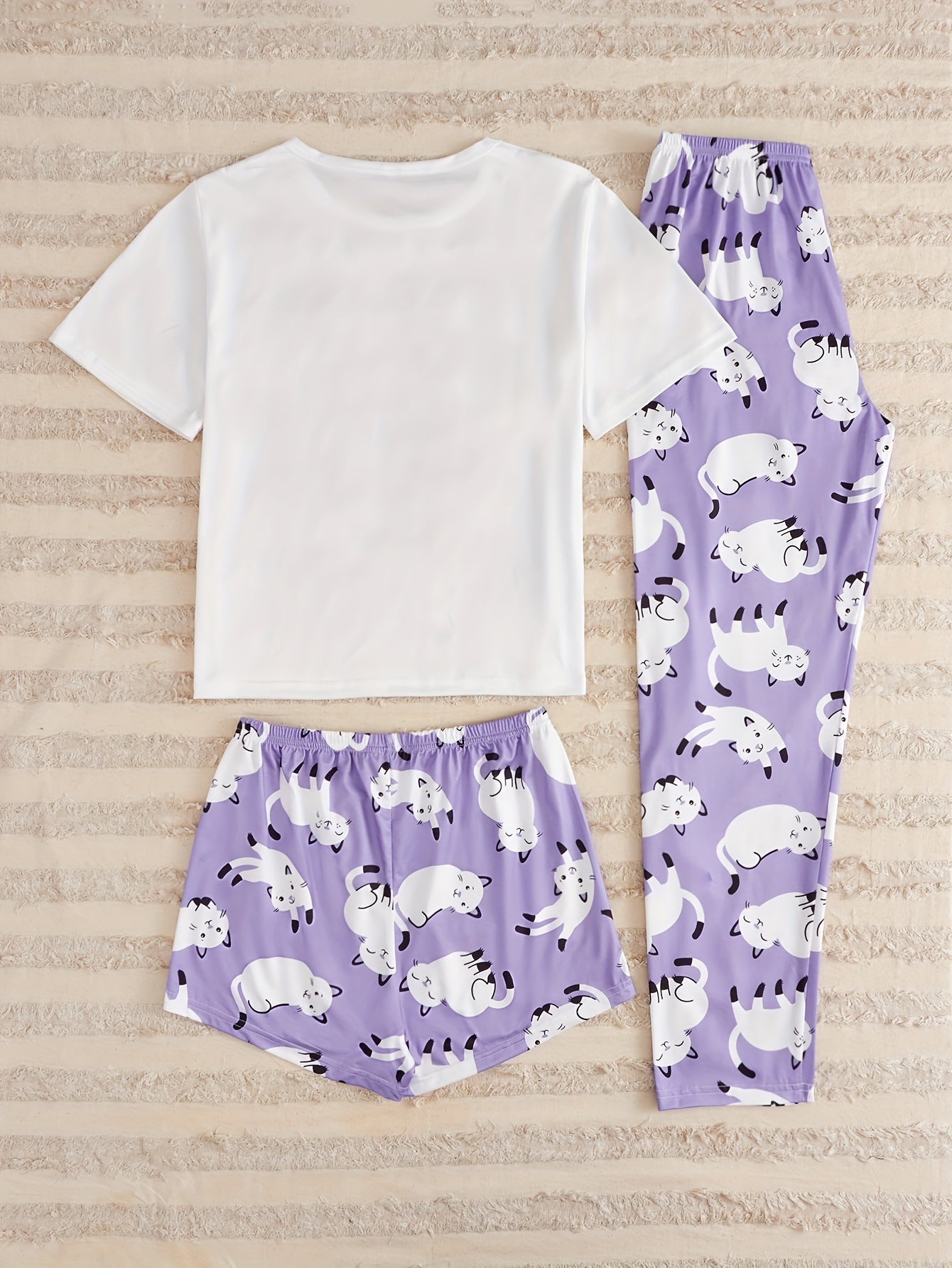 Cat Print Pajamas Set Short Sleeve Top & Shorts & Pants