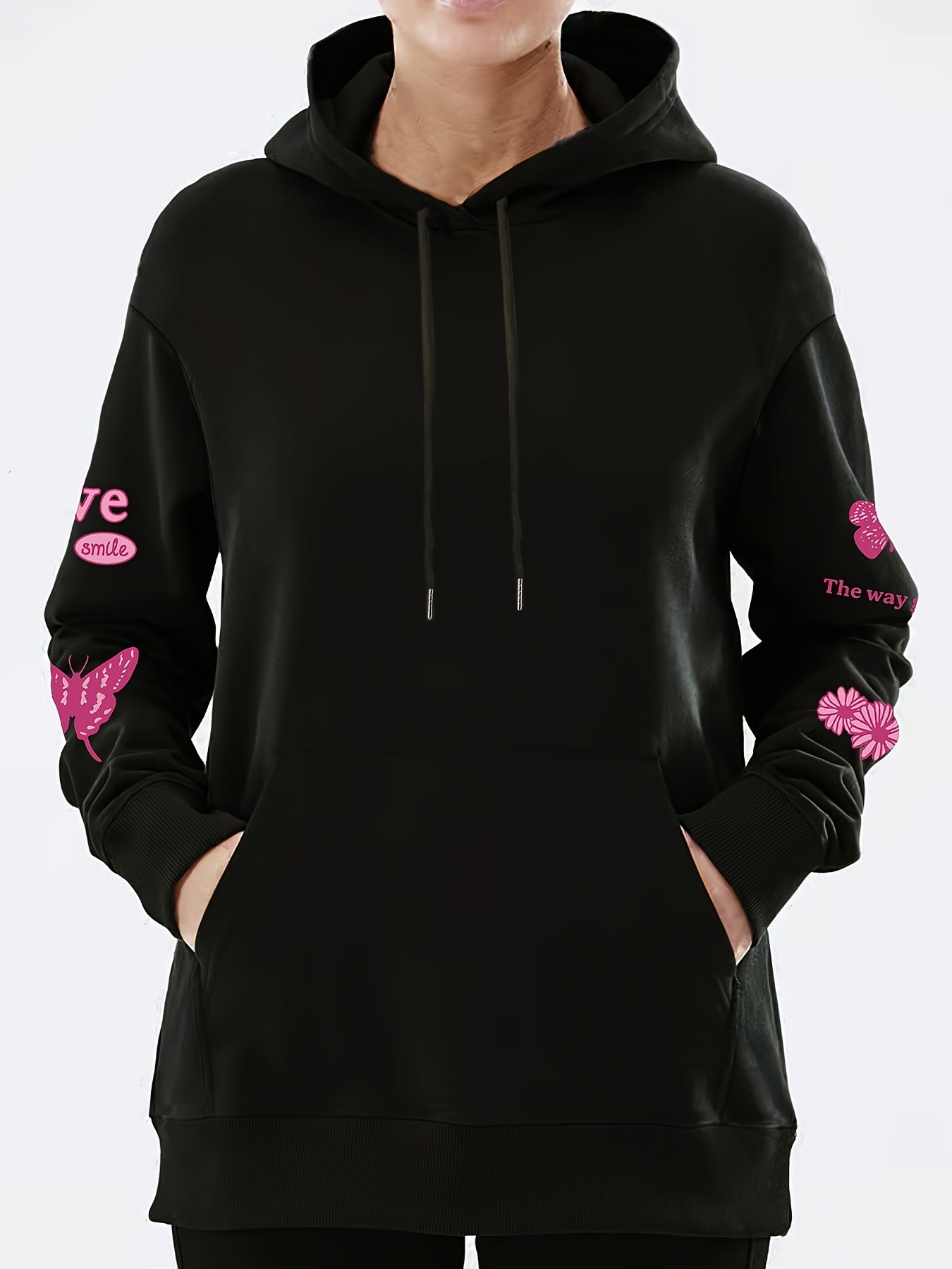 Butterfly & Flower Print Kangaroo Pocket Hoodie Women's Sweatshirt