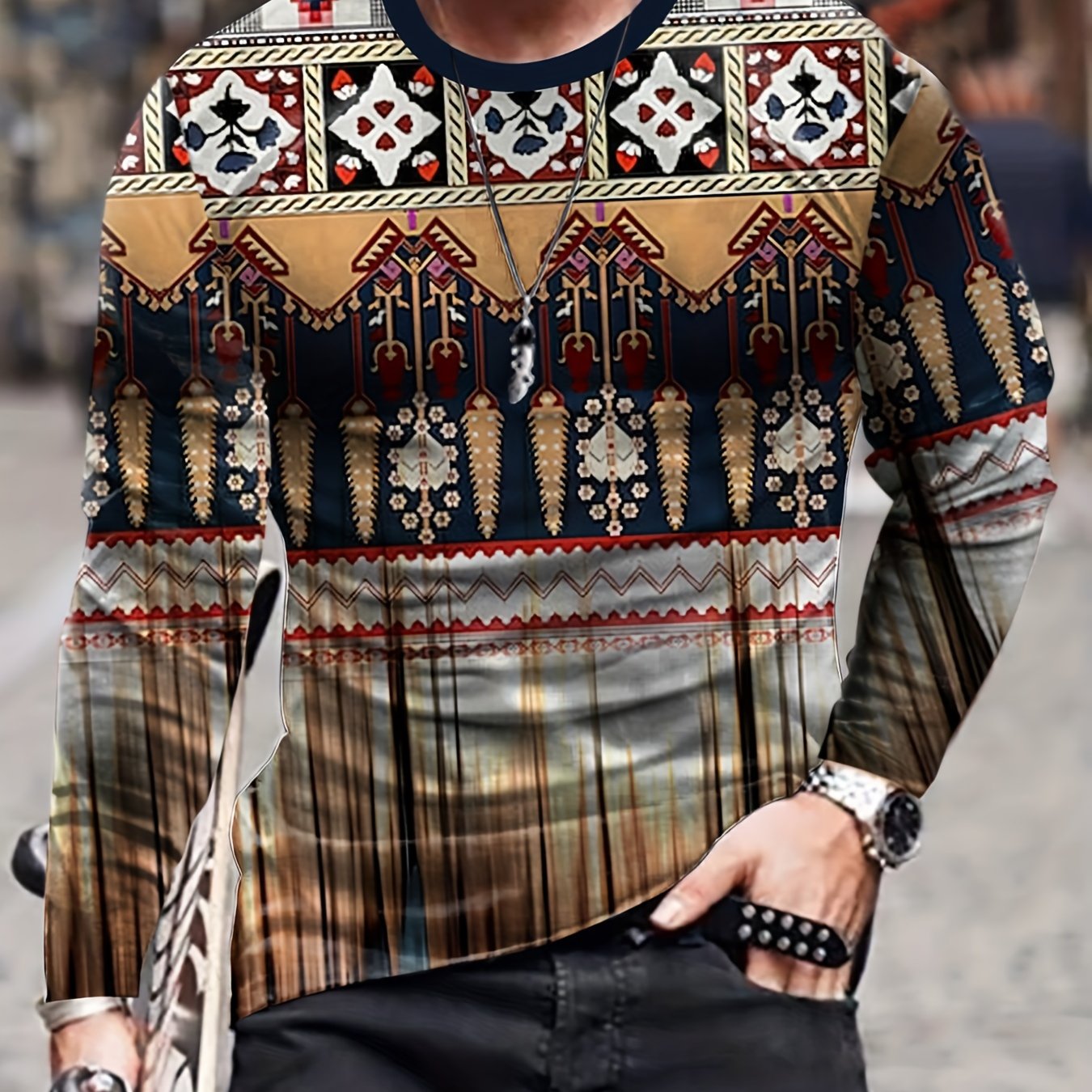 Ethnic Style Pattern Men's Long Sleeve Vintage Novelty T-shirt