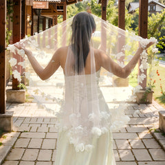 Short Pink 3D Floral Hair Veil for Brides Lace Overlay Hand Wash