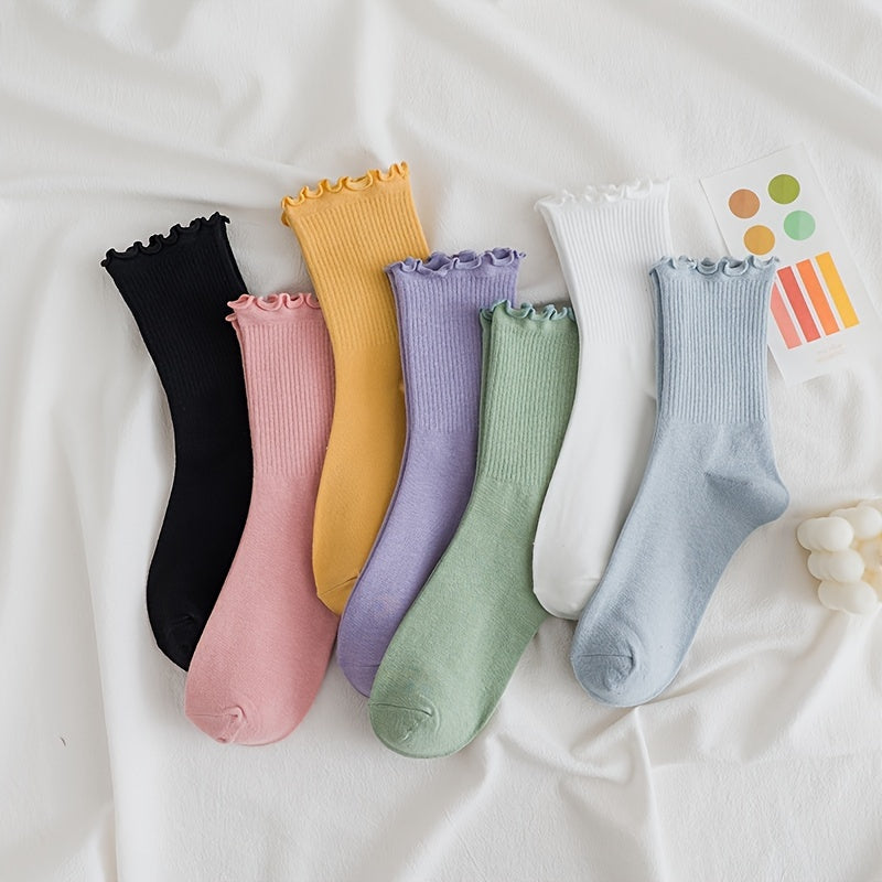 Solid Ruffle Quarter Socks For Women Retro Anklets Socks Gift