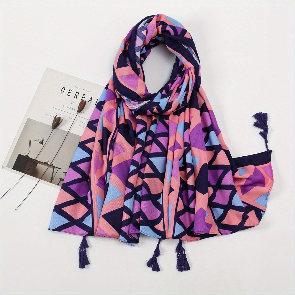 Boho Tassel Decor Scarf Geometric & Plant Print Casual Style Windproof Shawl