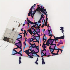 Boho Tassel Decor Scarf Geometric & Plant Print Casual Style Windproof Shawl