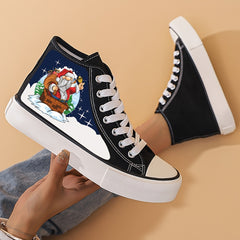 Santa Print Chunky Canvas Sneakers High Top Flat