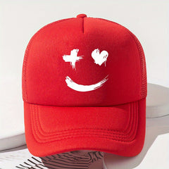 Smiling Face Print Trucker Hat Mesh Breathable Solid Casual Baseball Cap
