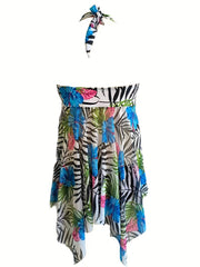 Leaf Print V Neck Bikini Sets Halter Neck High Stretch Two Pieces Swims