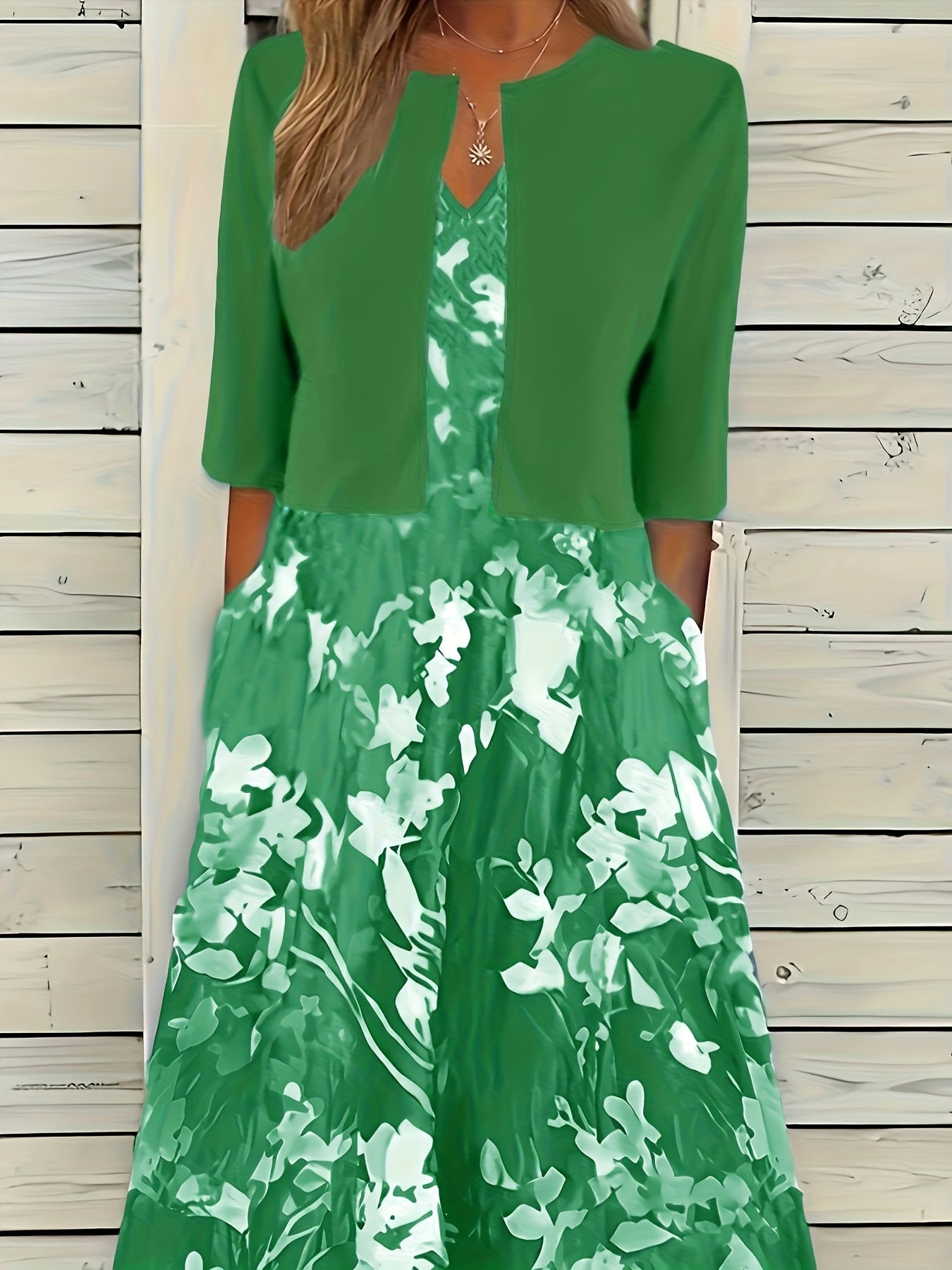 Casual 2pc Set: Solid Open Front Cardigan & Floral V Neck Dress