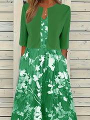 Casual 2pc Set: Solid Open Front Cardigan & Floral V Neck Dress