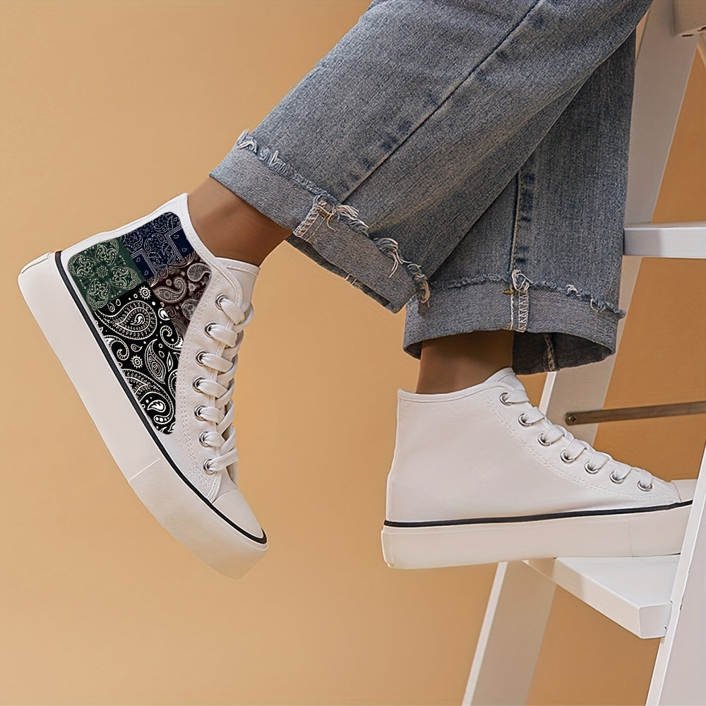 Paisley Pattern Canvas Sneakers High Top Lace Up Skate Shoes