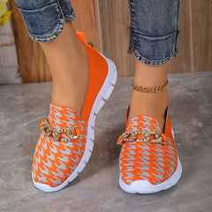 Women's Chain Decor Sneakers Slip On Houndstooth Pattern Shoes