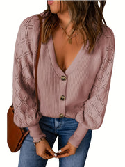 Solid Pointelle Long Sleeve V Neck Button Up Knit Cardigan