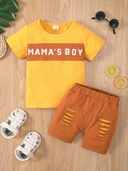 Cotton 'MAMA'S BOY' T-shirt Top + Ripped Shorts 2pcs Set for Baby Boys