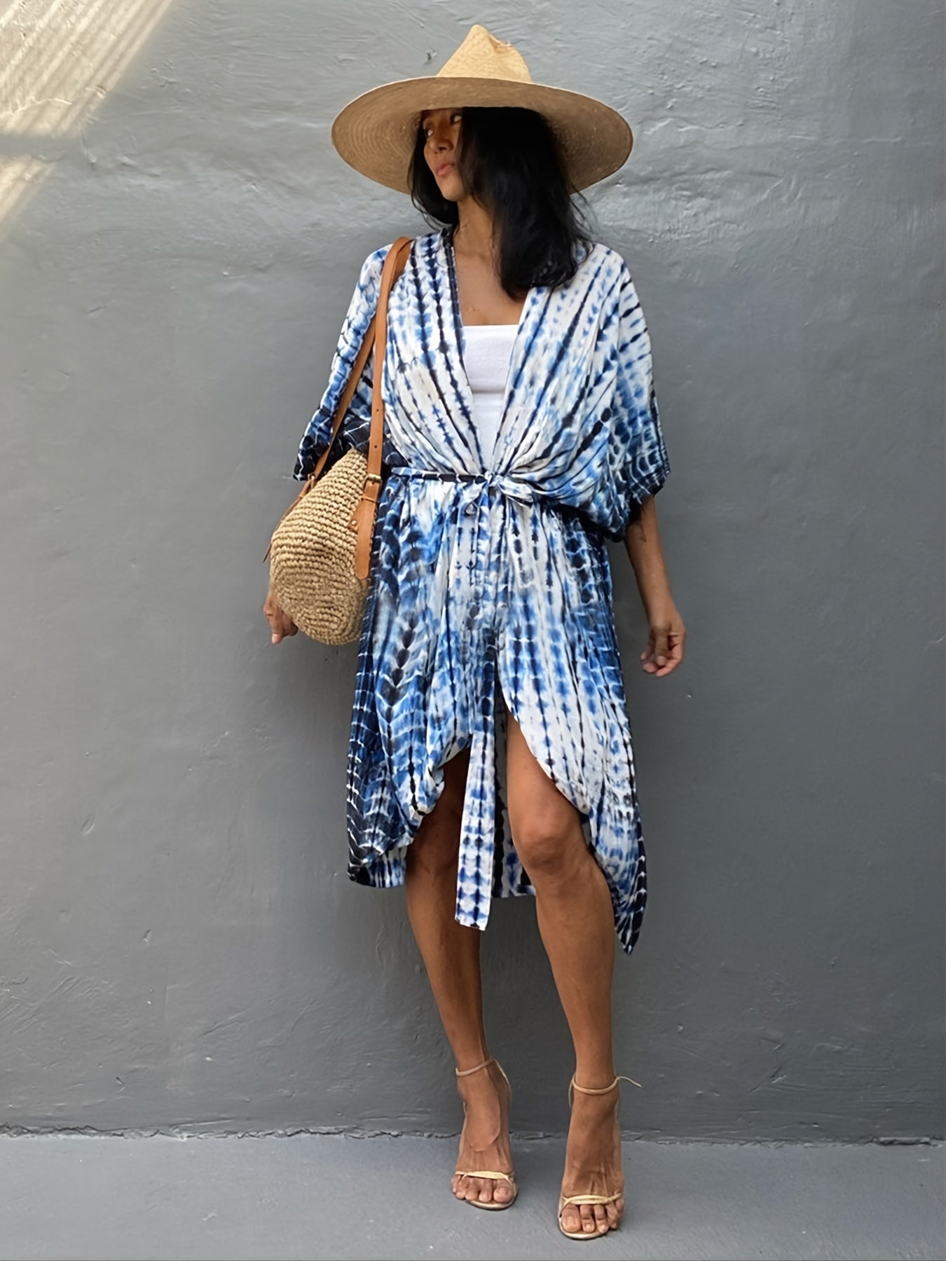 Tie Dye V Neck Kimono Colorblock Beachwear Boho Style Robes