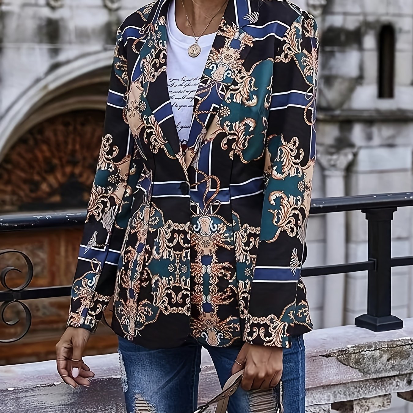 Boho Baroque Print Plus Size Blazer