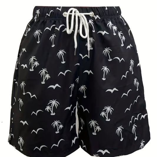 Coconut Tree Bird Pattern Print Men's Swim Trunks Quick Dry Beach Shorts