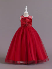 Girls Wedding Flower Princess Dress Pleated Sleeveless Lace Party Evening Dress