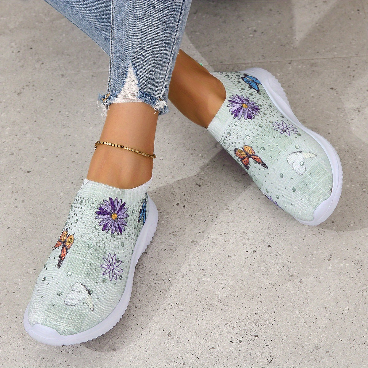 Women's Flower & Butterfly Sneakers Slip On Outdoor Shoes Breathable Woven