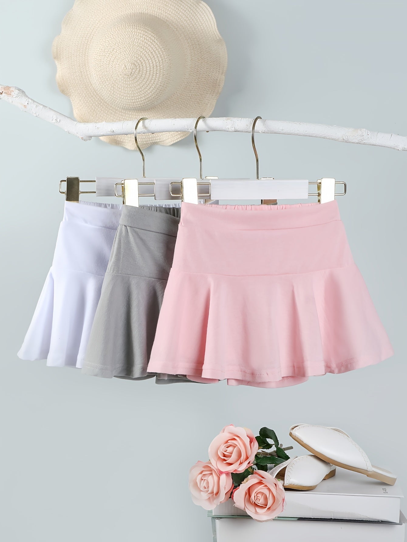 3pcs Girls Solid Skort, Ideal for Sports & Beach Tennis