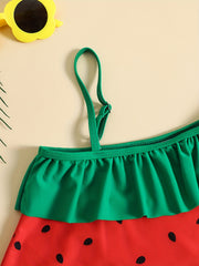 Girls Watermelon Print One Piece Swimsuit Asymmetrical Straps