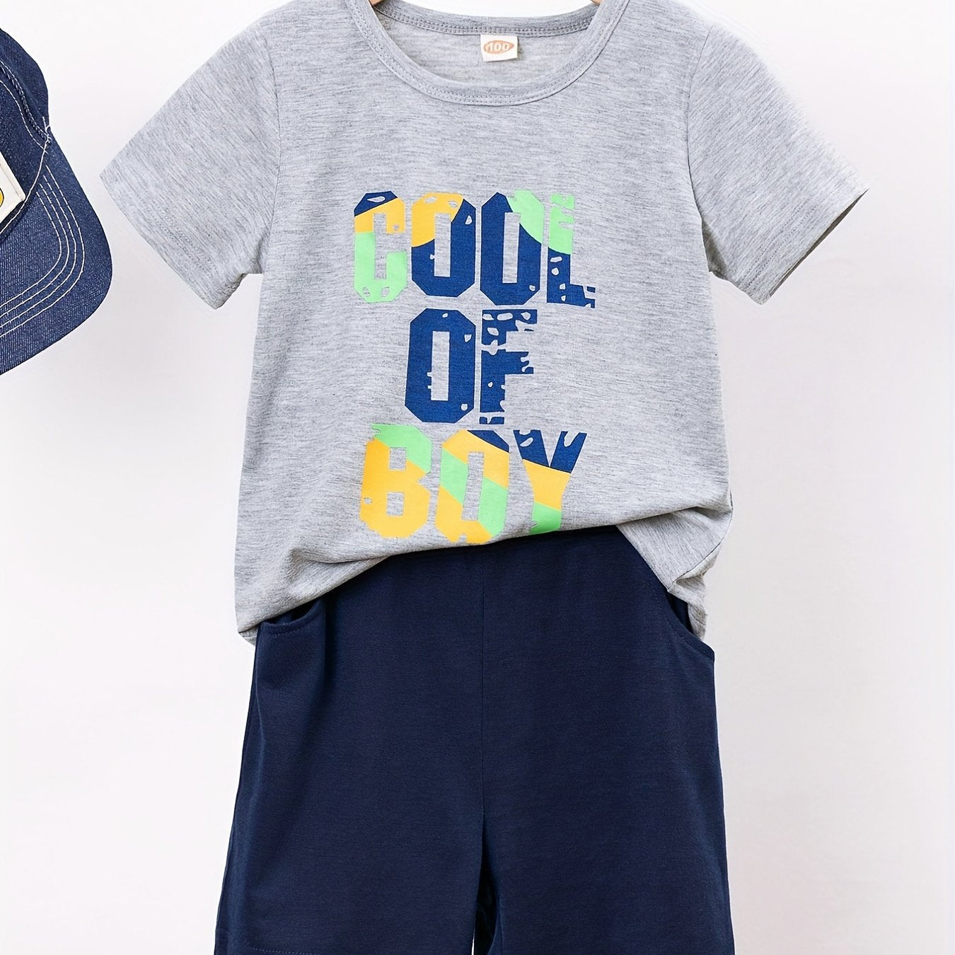 Boy's 2pcs T shirt & Elastic Waist Shorts Set OF BOY Print Short Sleeve Top