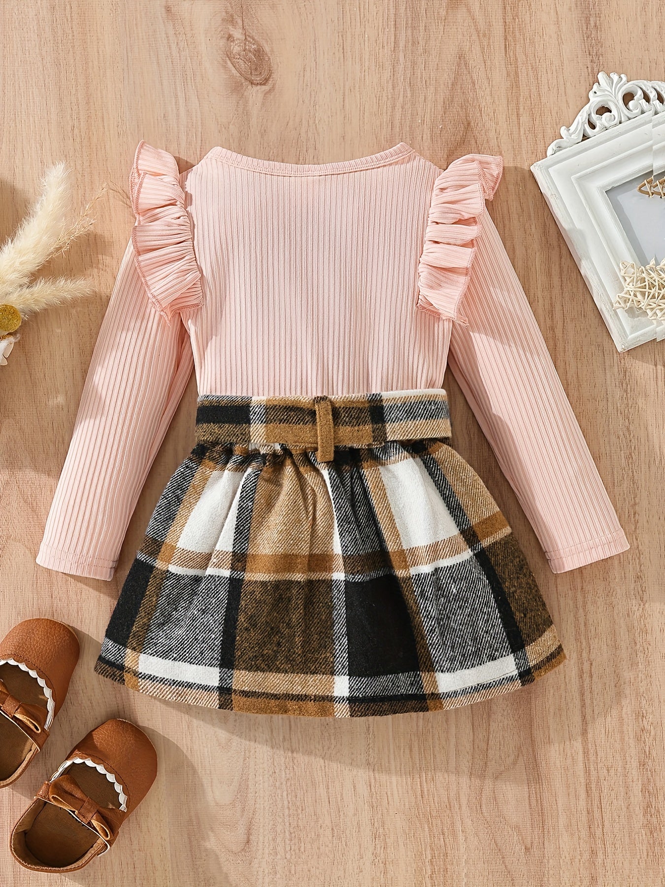 Baby Girls Knitted Ruffle Top & Plaid Skirt Set