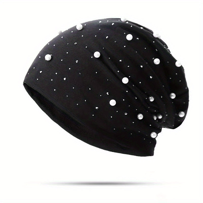Faux Pearl Decor Beanie Solid Elastic Skull Cap Women Slouchy Baggy Hats