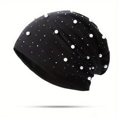 Faux Pearl Decor Beanie Solid Elastic Skull Cap Women Slouchy Baggy Hats