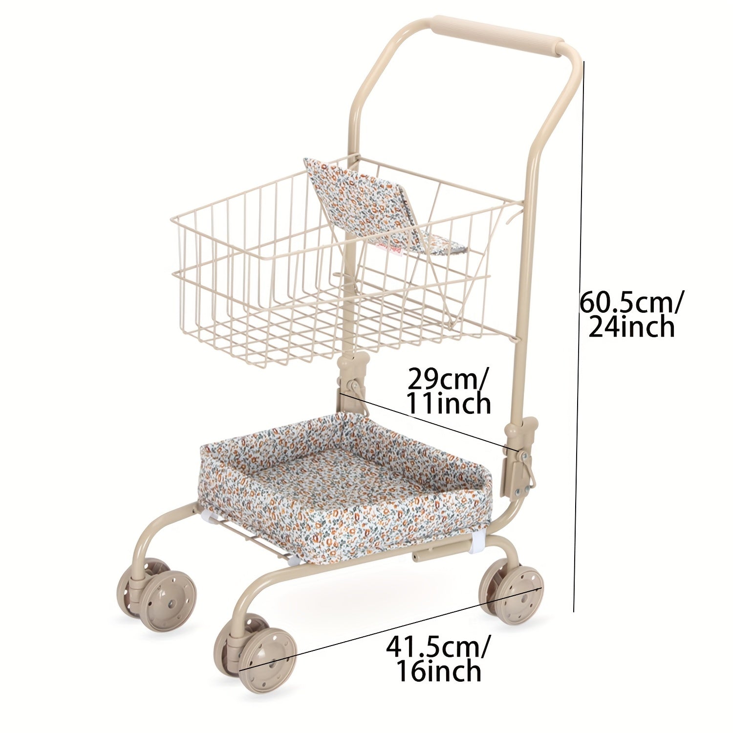 Floral Shopping Cart Toy with Storage Bags Foldable Dollhouse Grocery Cart