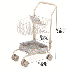 Floral Shopping Cart Toy with Storage Bags Foldable Dollhouse Grocery Cart