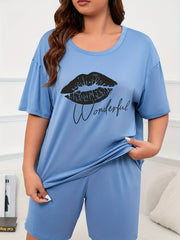 Women's Kiss & Letter Print Tee & Shorts Pajama Set
