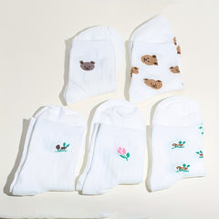 Sweet Crew Socks Teddy Bear & Floral Embroidery Women's Stockings