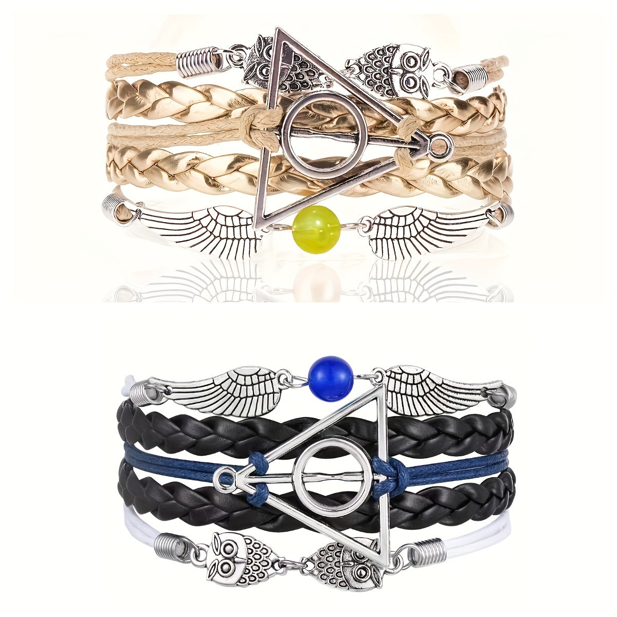 2pcs Owl Triangle Bracelets Antique Silvery Bronze Owls Wings Golden Bead Charm