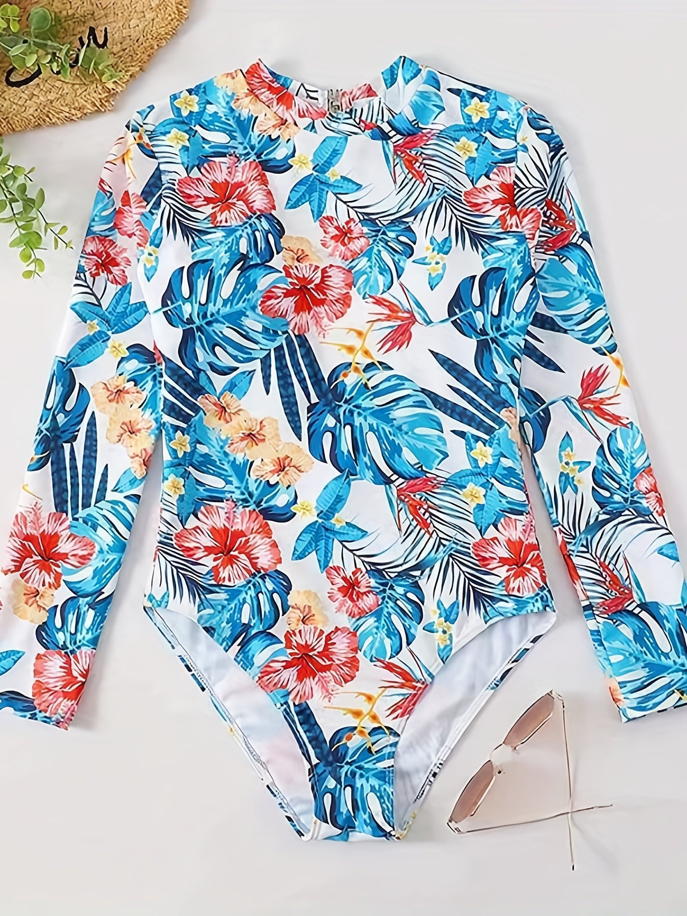 Tropical Print Slim Bodysuit Long Sleeve Women's Clothing