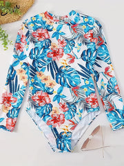 Tropical Print Slim Bodysuit Long Sleeve Women's Clothing