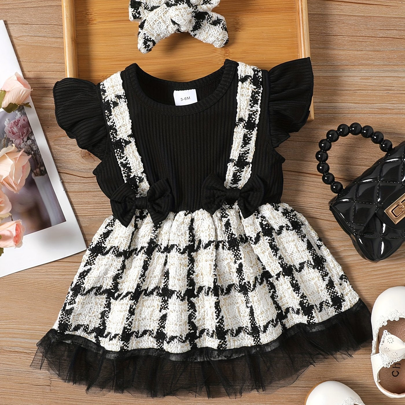 Baby Girl Plaid Flying Sleeves Bow Tie Casual Pleated Skirt Dress