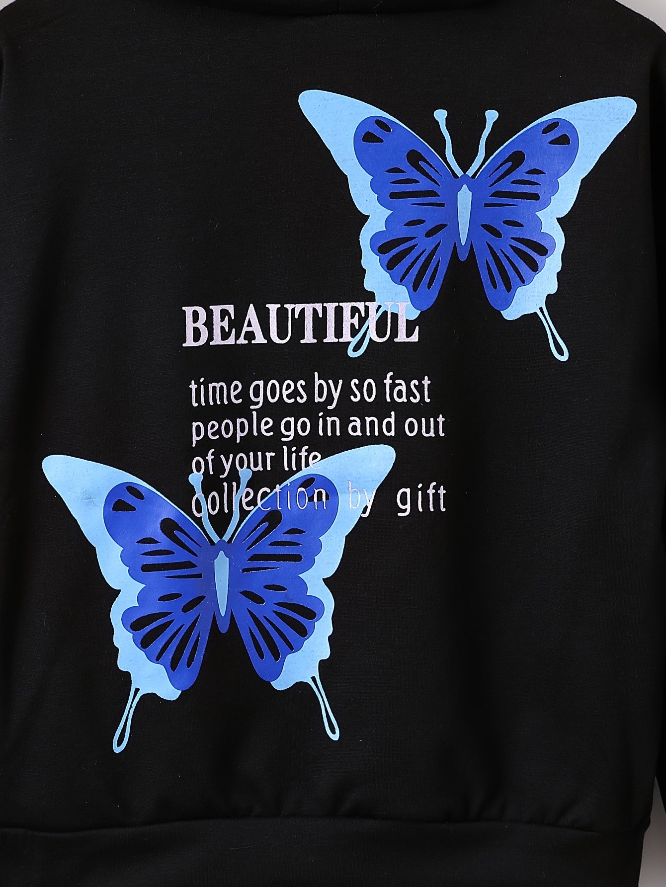 Girls' Butterfly & Slogan Hooded Sweatshirt Long Sleeve Pullover Hoodie