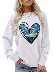 Heart Print Sweatshirt Crew Neck Long Sleeve for Fall & Winter