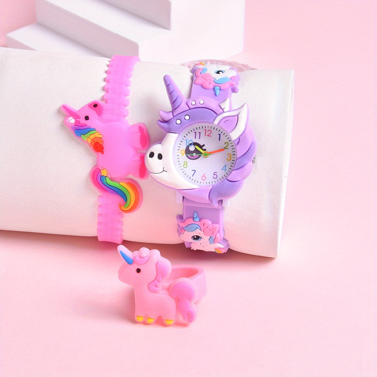 Pony Girls' Watch 3pcs Set 3D Cartoon Pony Girls' Watch Soft Silicon Strap