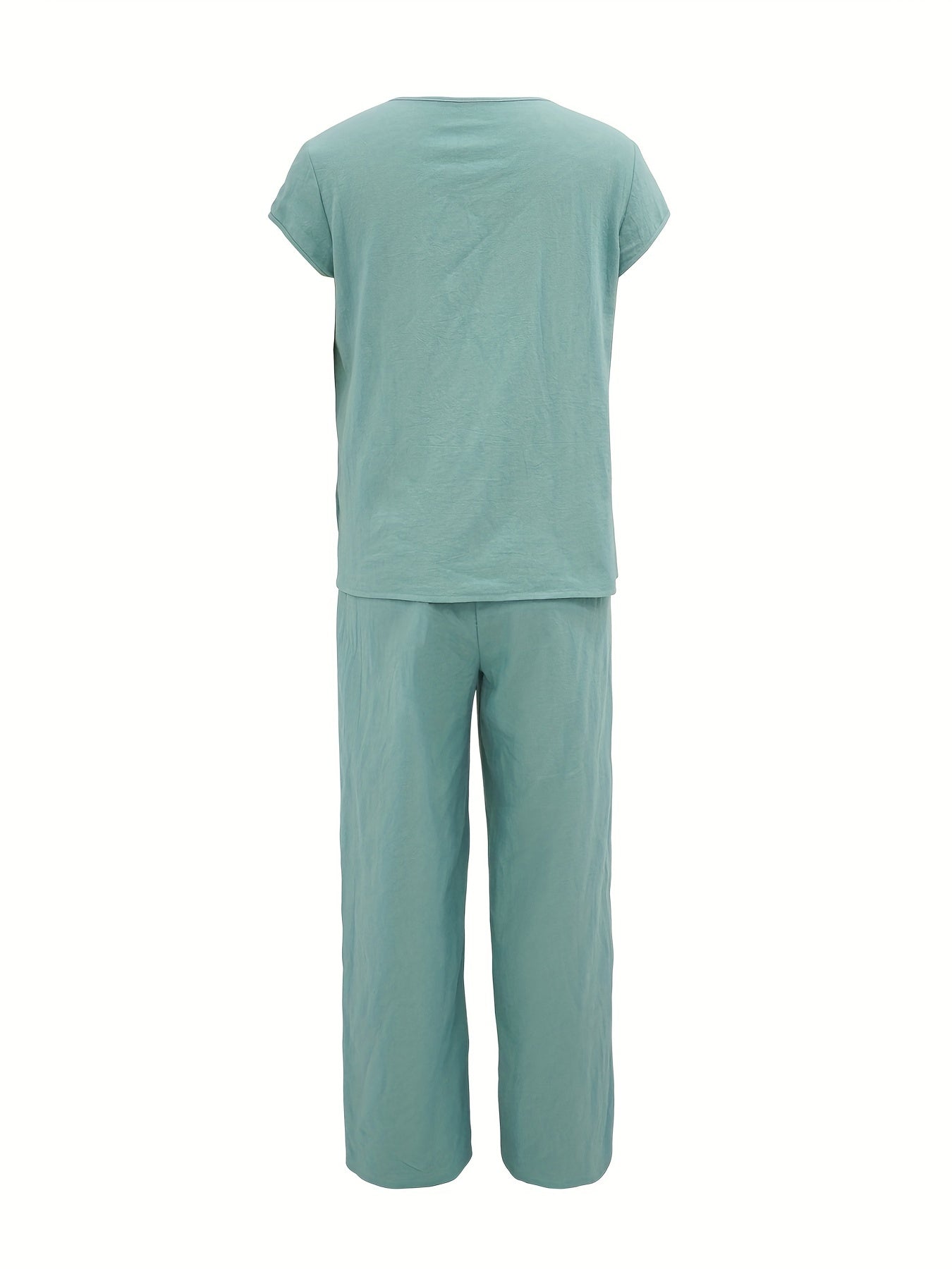 Solid Casual Two Piece Set Crew Neck Short Sleeve Tops & Elastic Waist Wide Leg