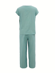 Solid Casual Two Piece Set Crew Neck Short Sleeve Tops & Elastic Waist Wide Leg