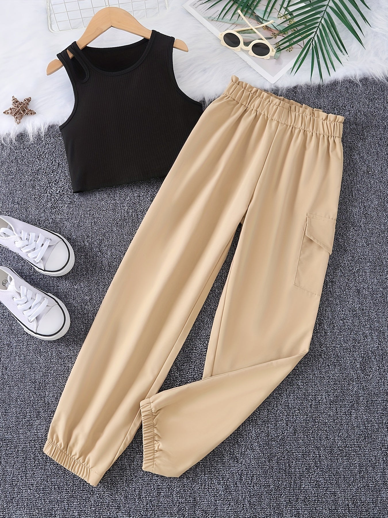 Girls Sleeveless Tank Top & Cargo Pants Set Kids Summer Clothes