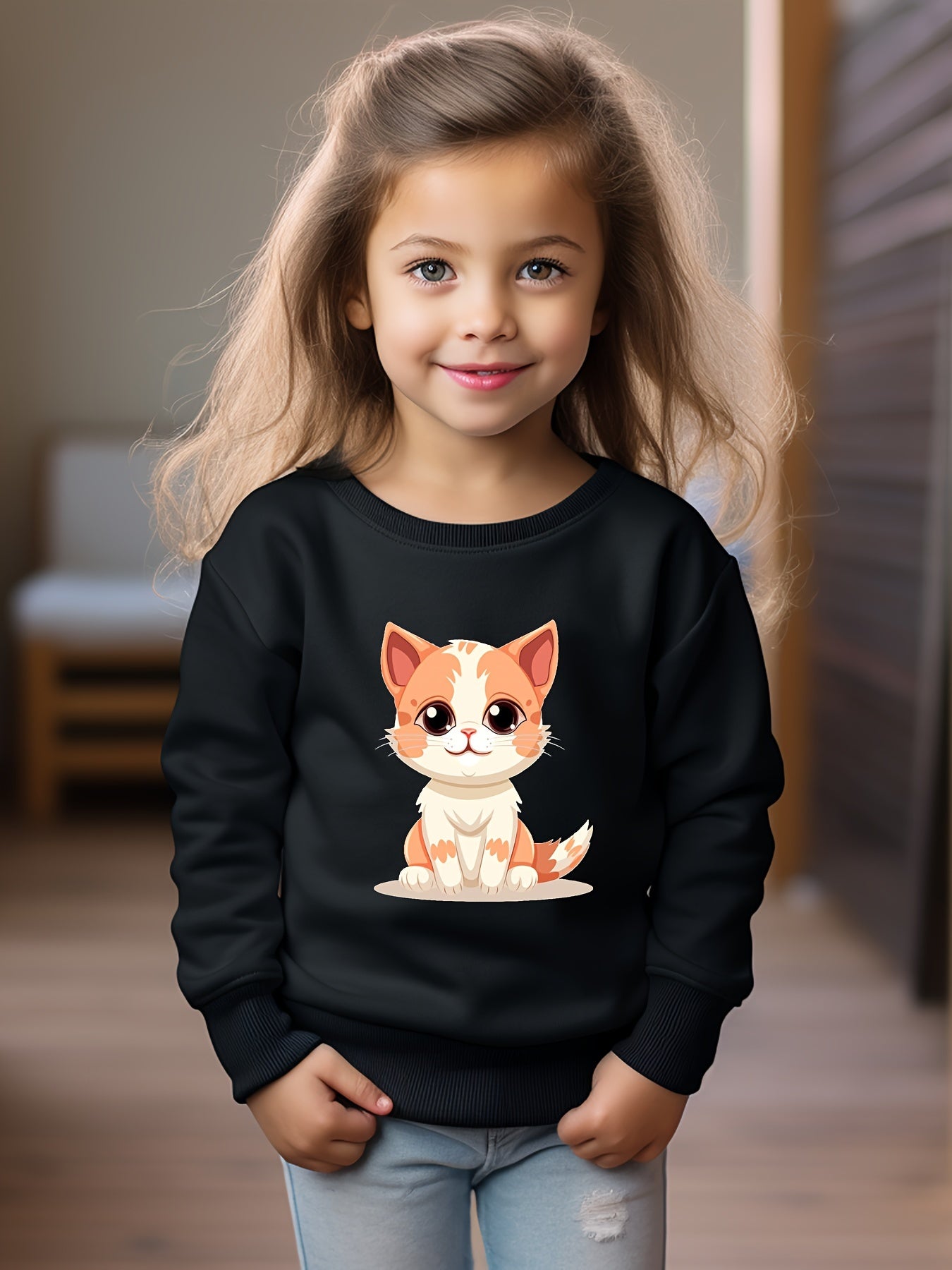 Cartoon Cat Print Girls Sweatshirt Long Sleeve Crew Neck Tops