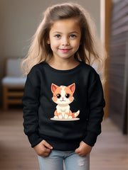 Cartoon Cat Print Girls Sweatshirt Long Sleeve Crew Neck Tops