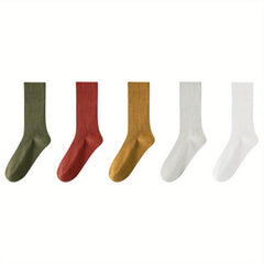 5 Pairs Japanese Style Soft Ribbed Knit Mid Tube Socks Women's Stockings