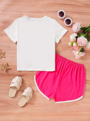 Girls Sloth Print Two Piece Set Short Sleeve T shirt & Sports Shorts
