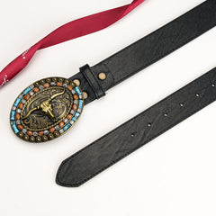 Antique Bull Head Men's Belt with Oval Buckle
