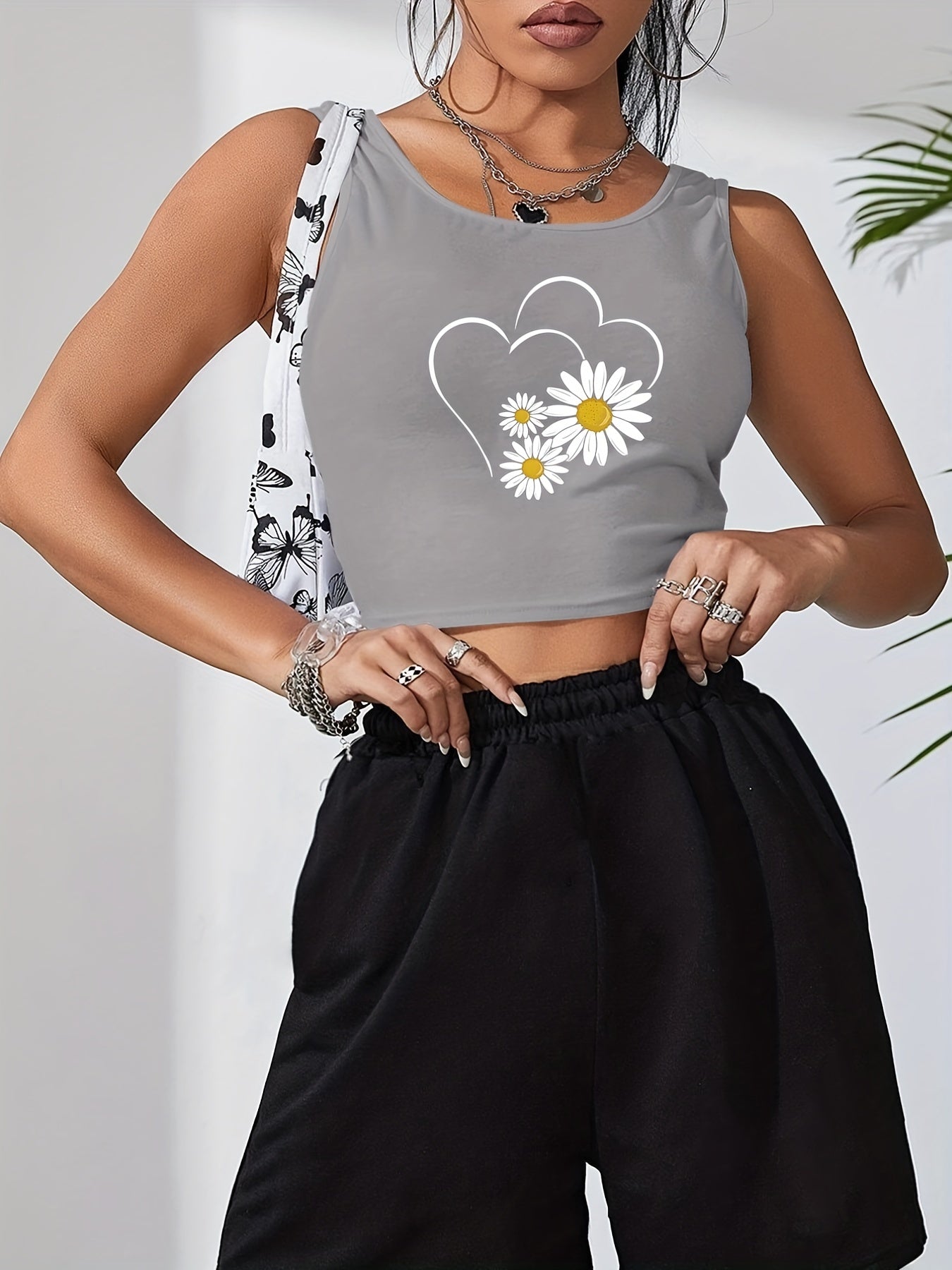 Daisy Print Crop Tank Top Sleeveless Summer Women's Clothing