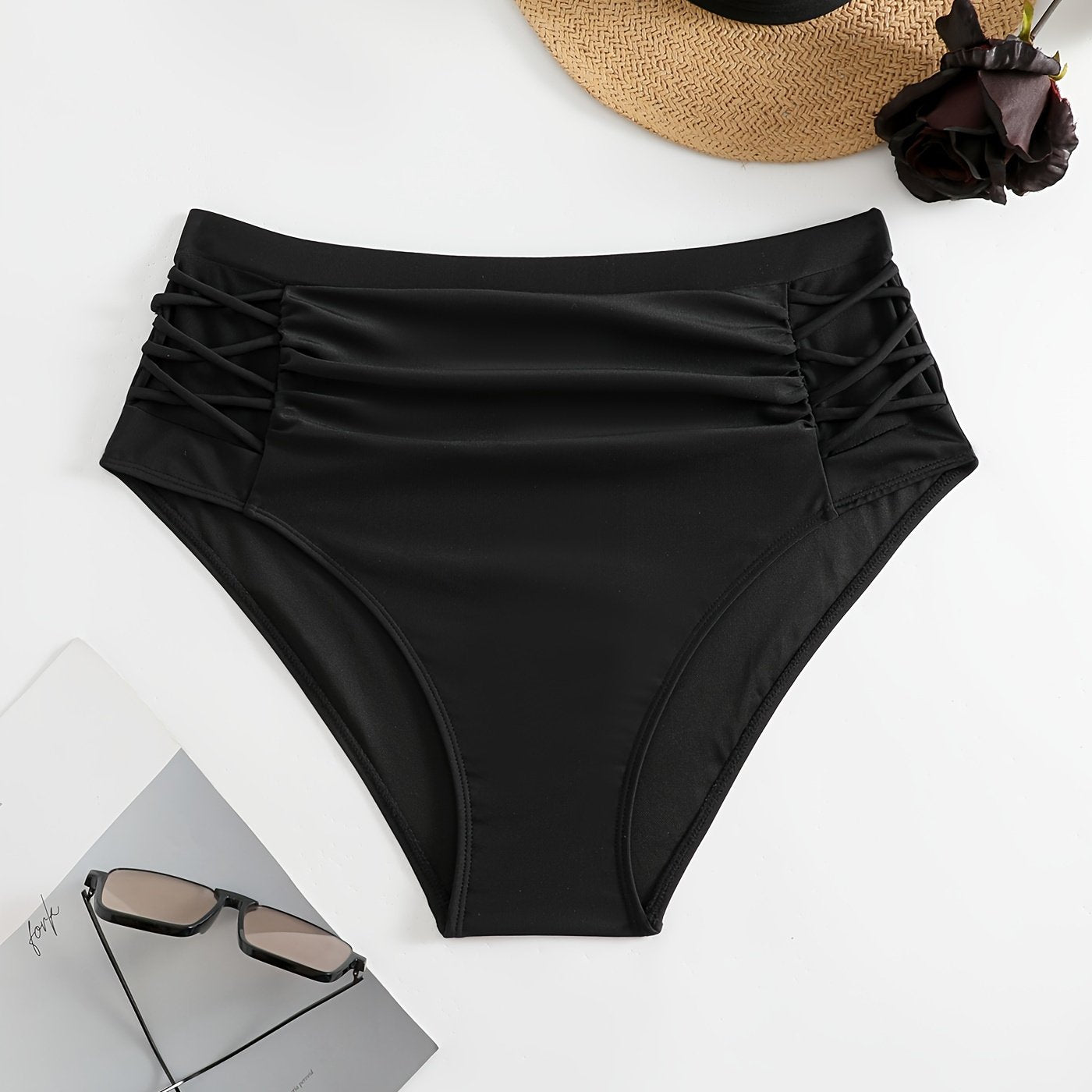 Solid Lace Up Ruched High Rise Swimwear Panty