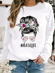 Nurse Life Print Loose Sweatshirt Casual Long Sleeve Crew Neck