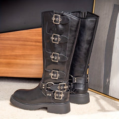 Women's Retro Knee High Buckle Strap Chunky Heeled Boots